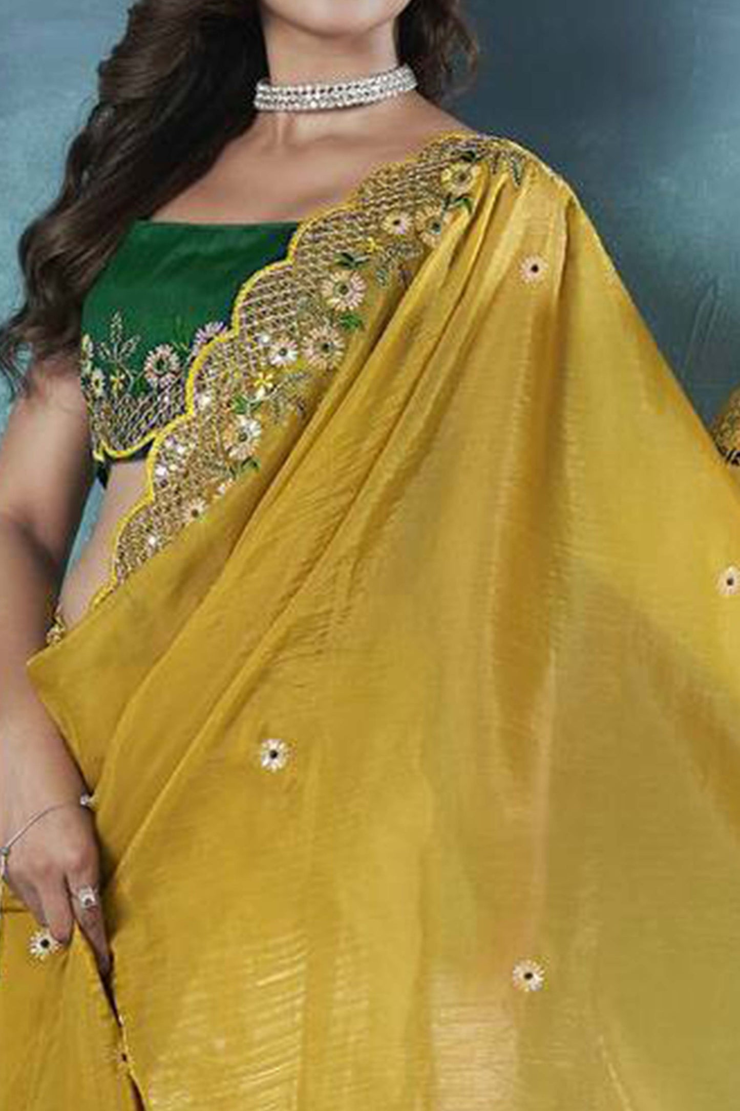 Mustard Organza Saree with Embroidery on the Edges for a Graceful Contemporary Look