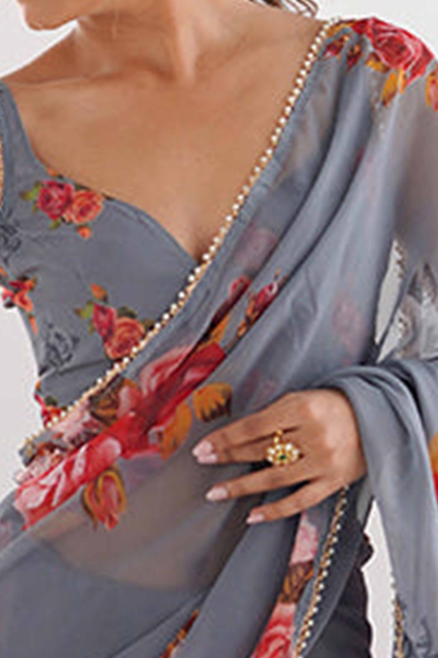Partywear Grey Georgette Saree with Floral Prints and Bead Work Lace