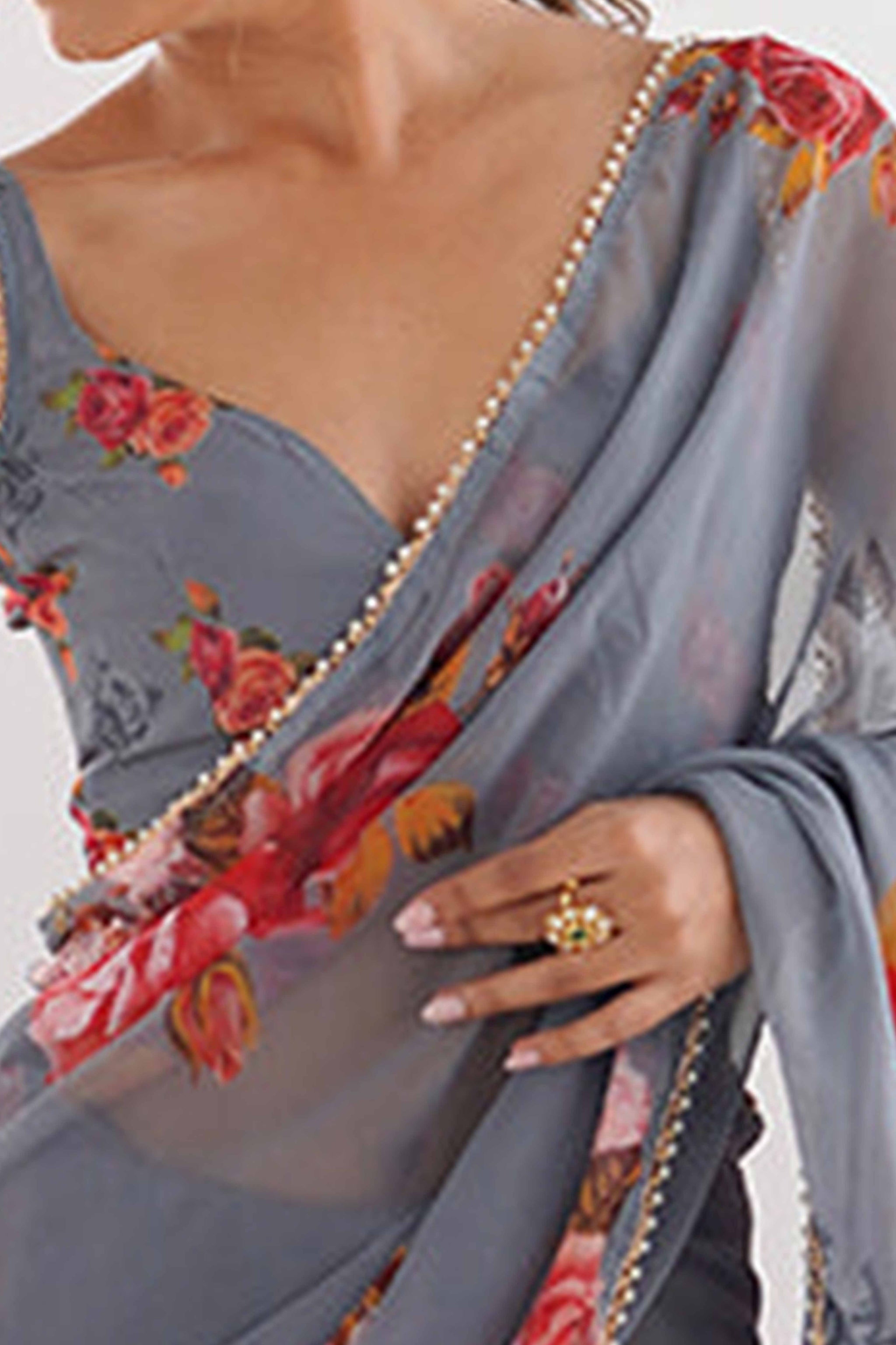 Partywear Grey Georgette Saree with Floral Prints and Bead Work Lace