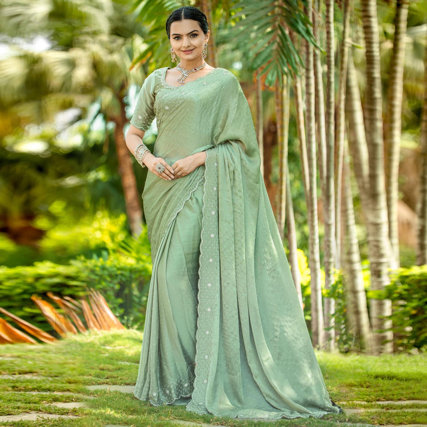 Green Embellished Satin Saree With Stones Work