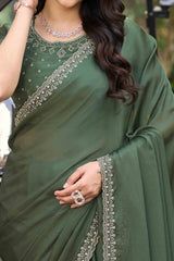 Green Solid Satin Chiffon Saree With Cutdana & Zarkan Handwork