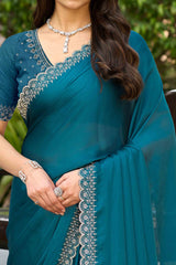 Rama Blue Solid Satin Chiffon Saree With Cutdana & Zarkan Handwork