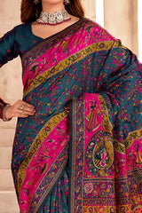 Traditional Teal Rajwadi Weaving Pashmina Silk Saree With Kashmiri Pallu & Elegant Zari Border
