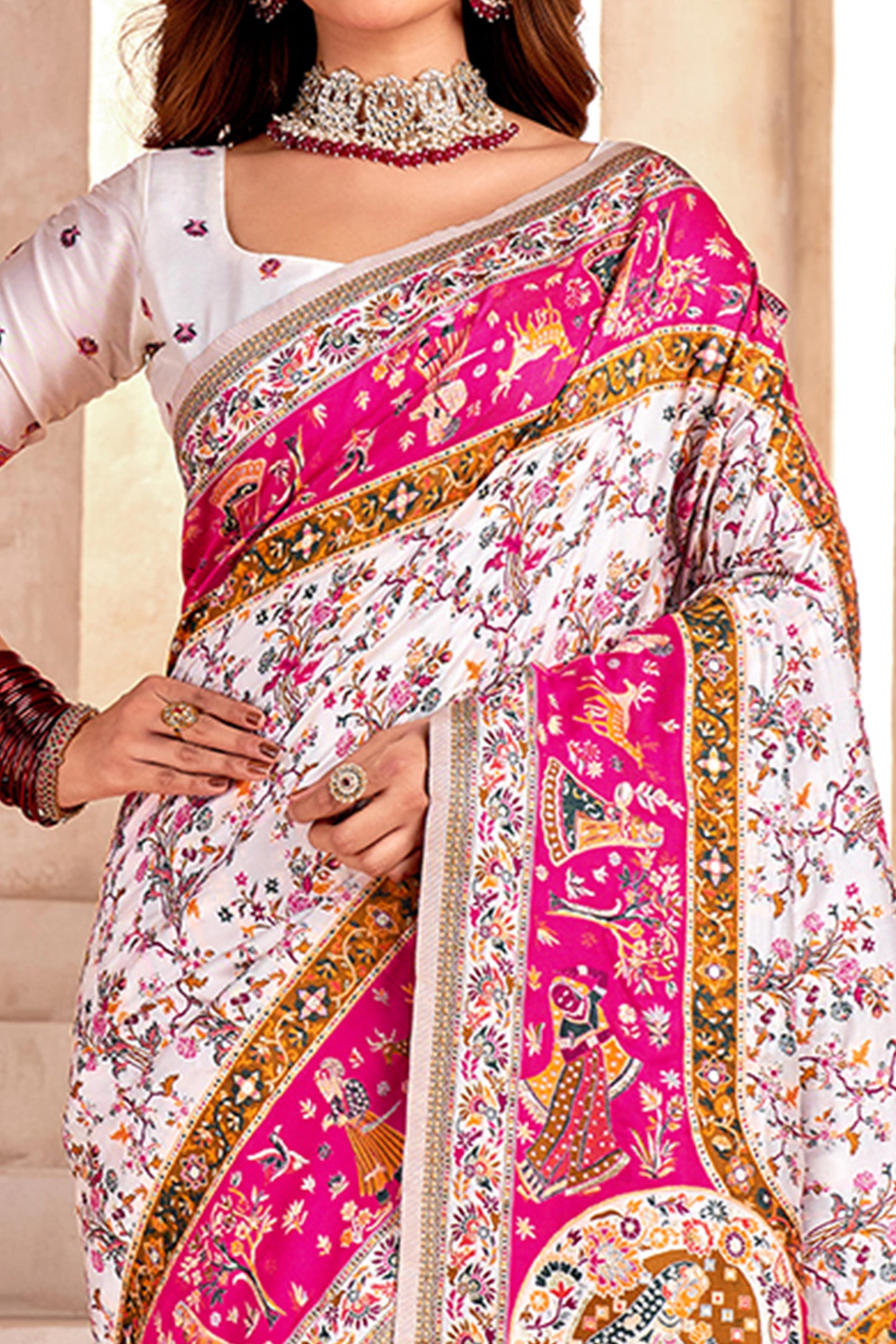 Traditional White Rajwadi Weaving Pashmina Silk Saree With Kashmiri Pallu & Elegant Zari Border