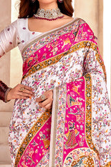 Traditional White Rajwadi Weaving Pashmina Silk Saree With Kashmiri Pallu & Elegant Zari Border