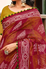 Maroon Cotton Saree with Modern Abstract Prints and Feminine Lace Trim
