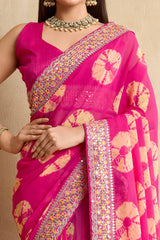 Pink Georgette Saree with Contemporary Tie-Dye Patterns and Classic Lace Work Finish