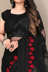 Black Party Wear Net Saree Featuring Rich Floral Embroidery