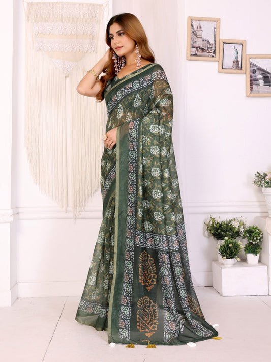 Premium Linen Cotton Botanical Printed Saree with Elegant Olive Green Border