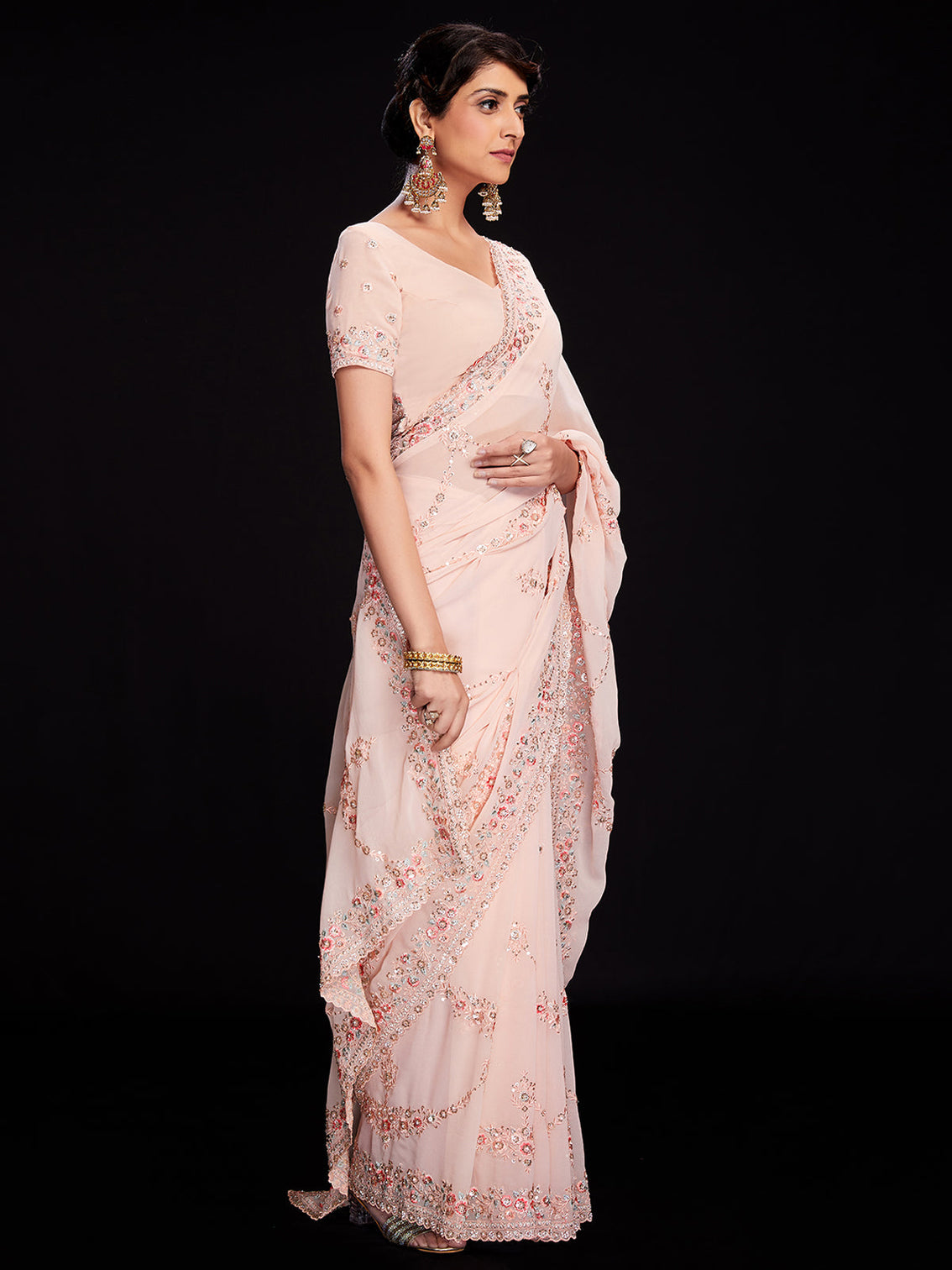 Peach Georgette Embroidered Saree With Unstitched Blouse