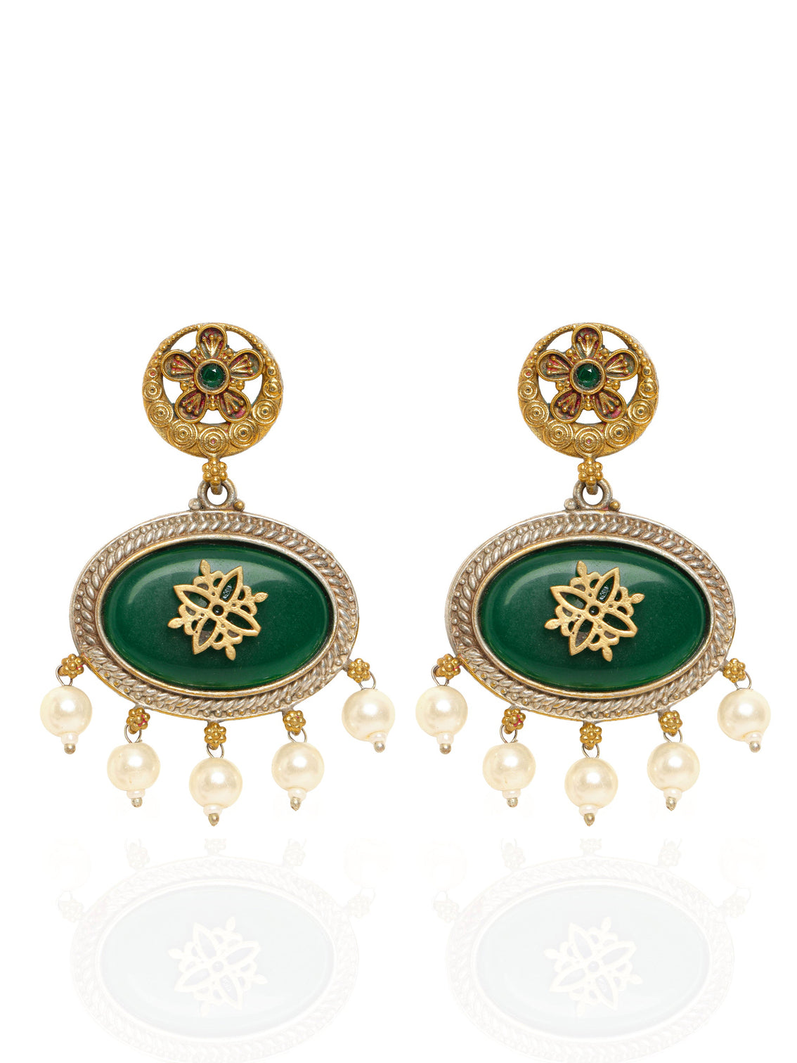 Mameraa Green Stone Statement Pearl Drop Earrings