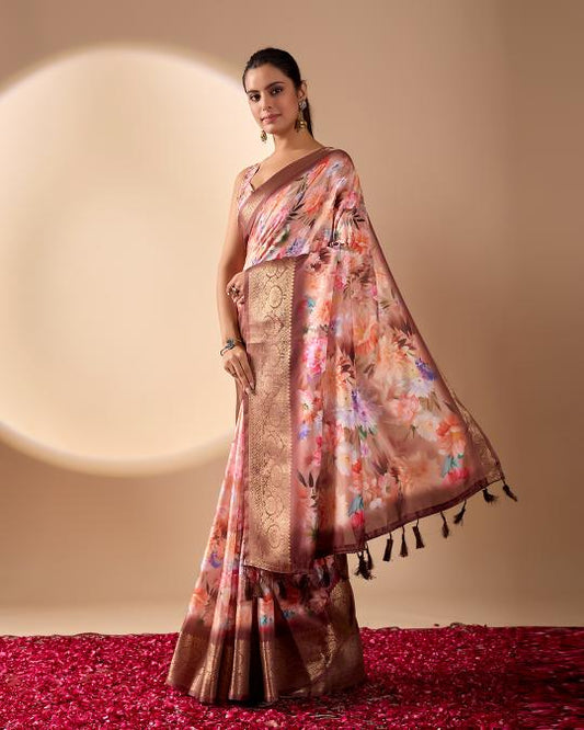 Premium Soft Silk Floral Printed Saree with Rich Rose Gold Zari Woven Border