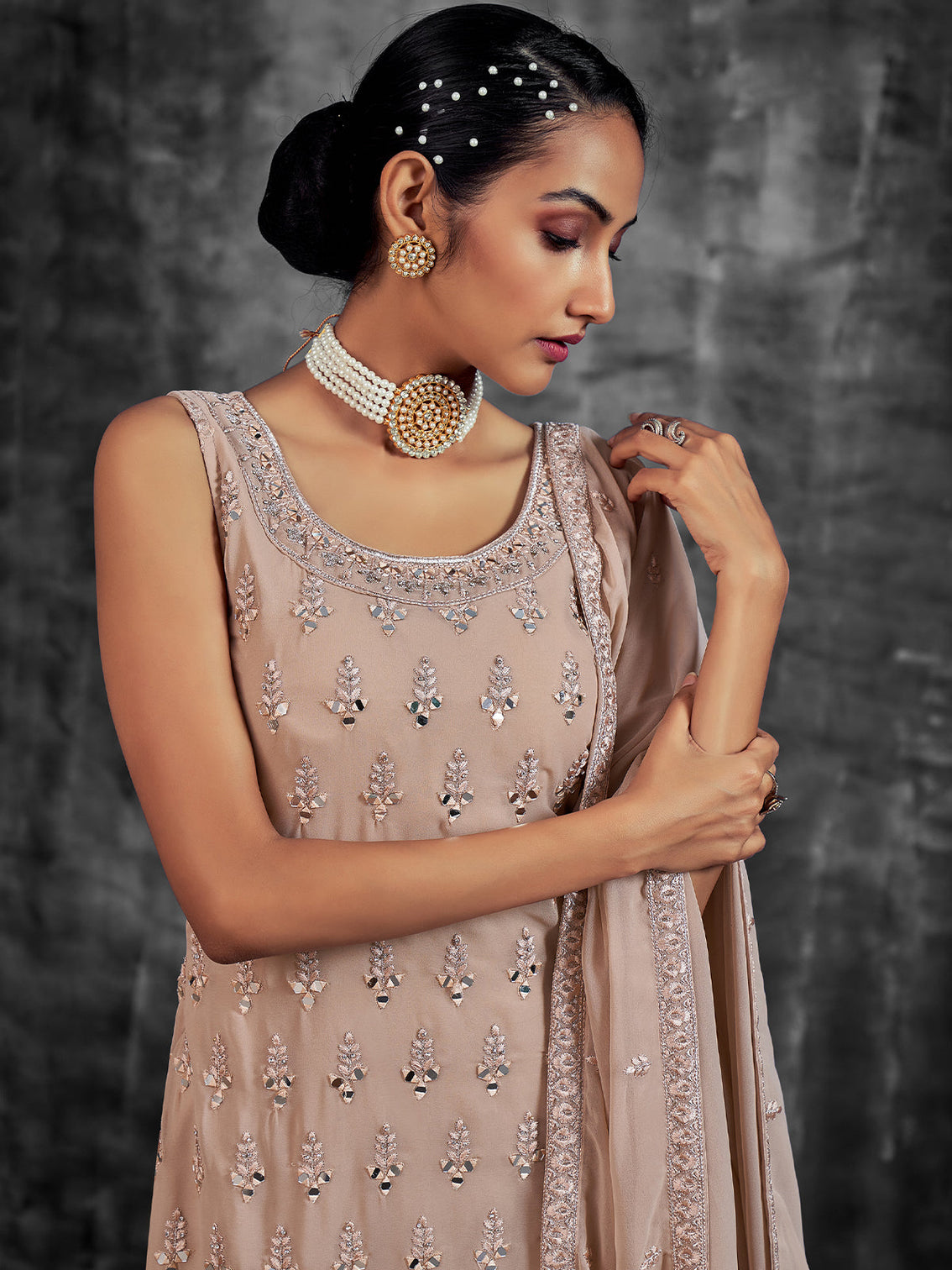 Classic Embroidered Peach Georgette Stitched Kurta Set