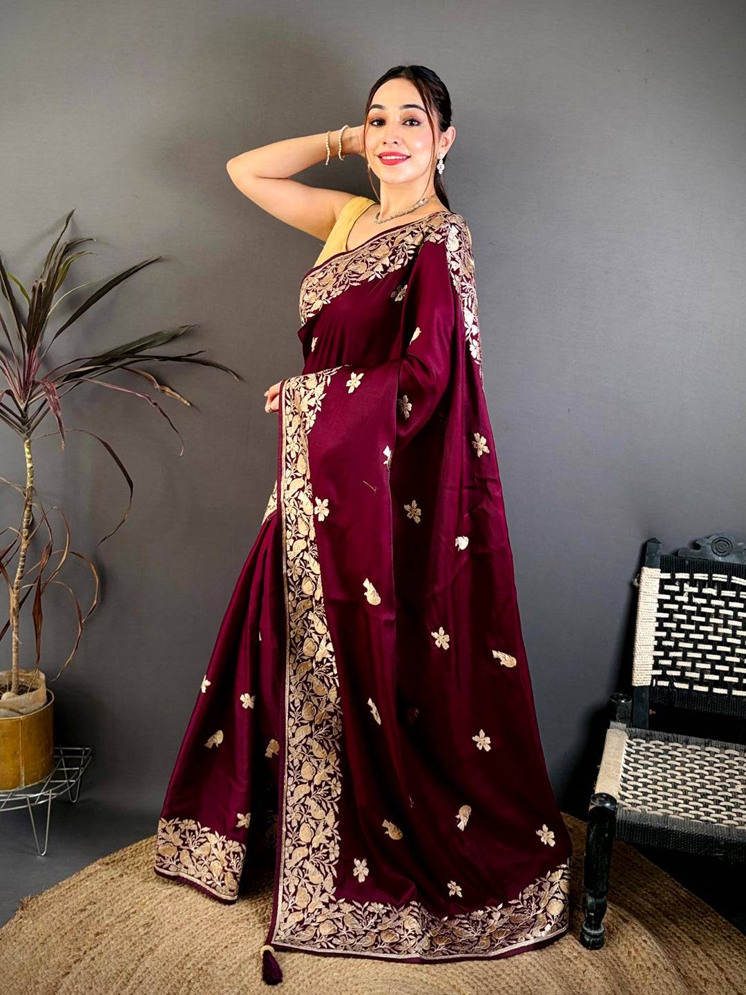 Wine Aari Bird Work Soft Satin Saree