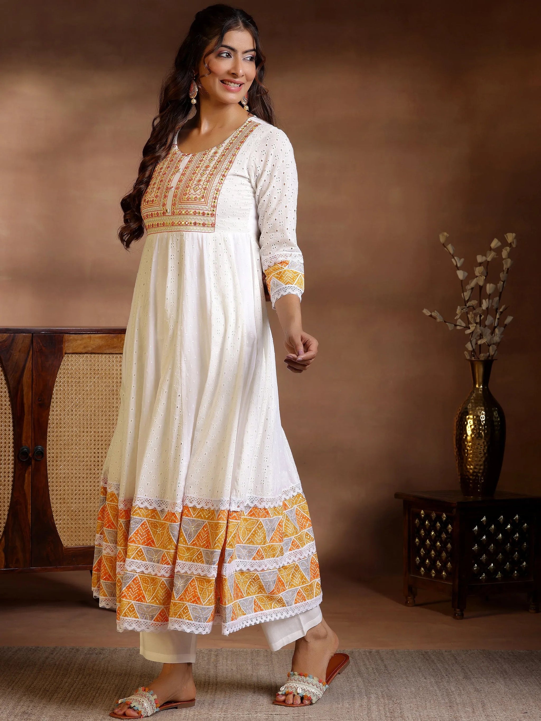 Libas White Self Design Cotton Anarkali Suit With Dupatta