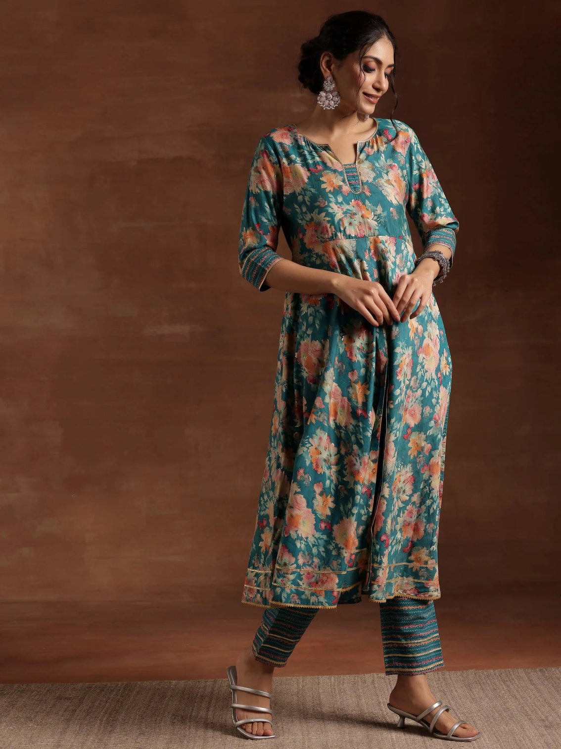 Mameraa Blue Printed Silk Blend Anarkali Suit With Dupatta