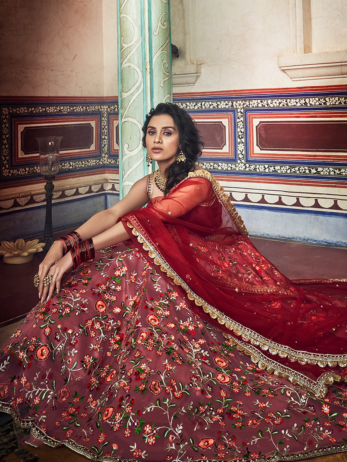Peach Embroidered Art Silk Semi Stitched Lehenga With Unstitched Blouse