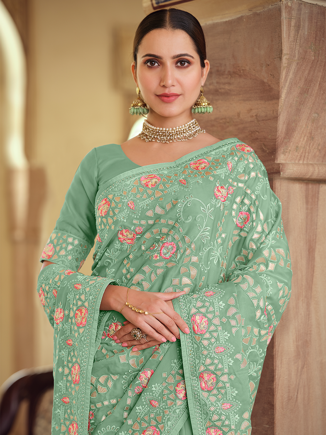 Green Satin Georgette Saree With Unstitched Blouse