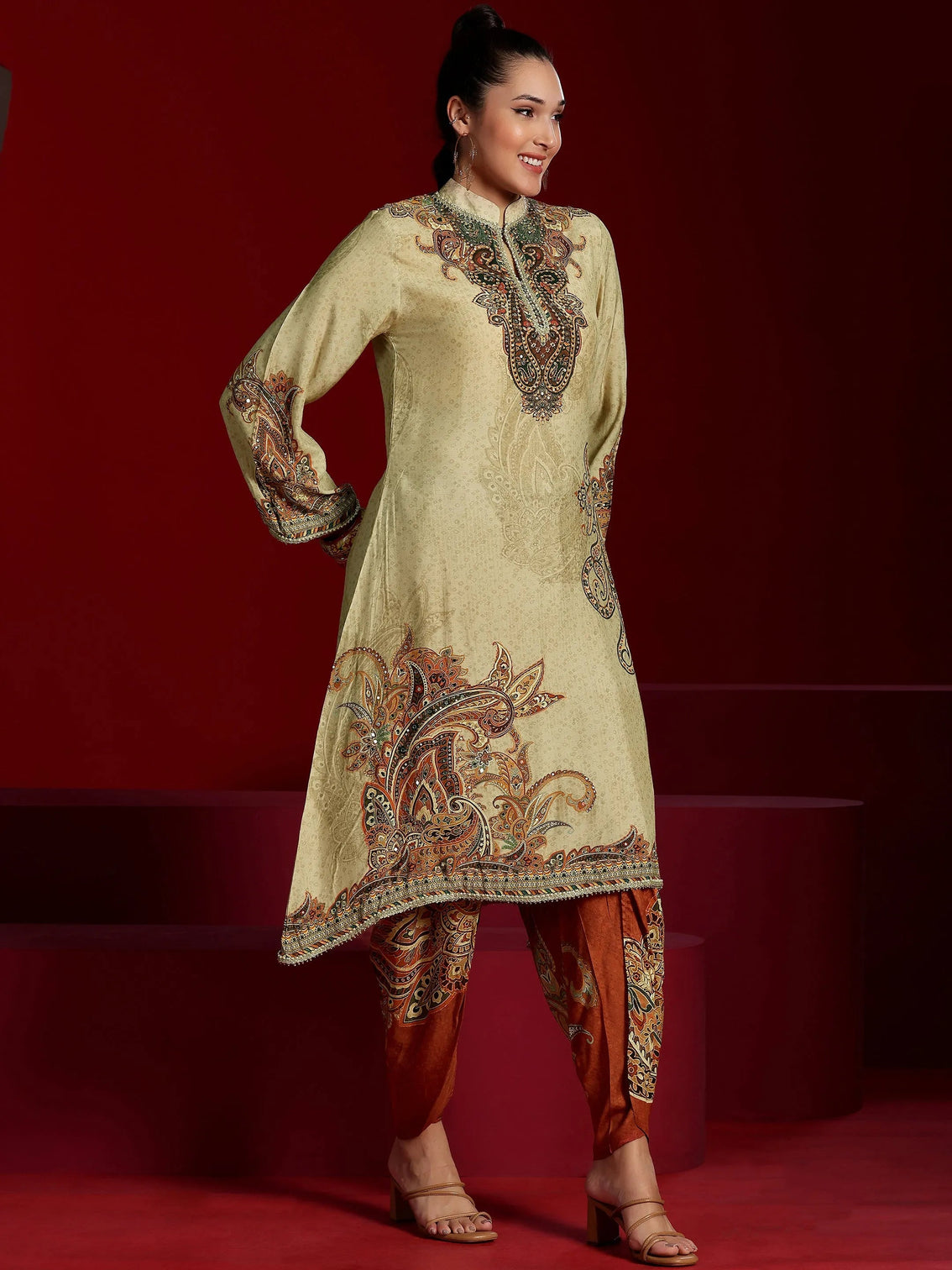 Mameraa Art Beige Printed Silk Blend Co-Ords