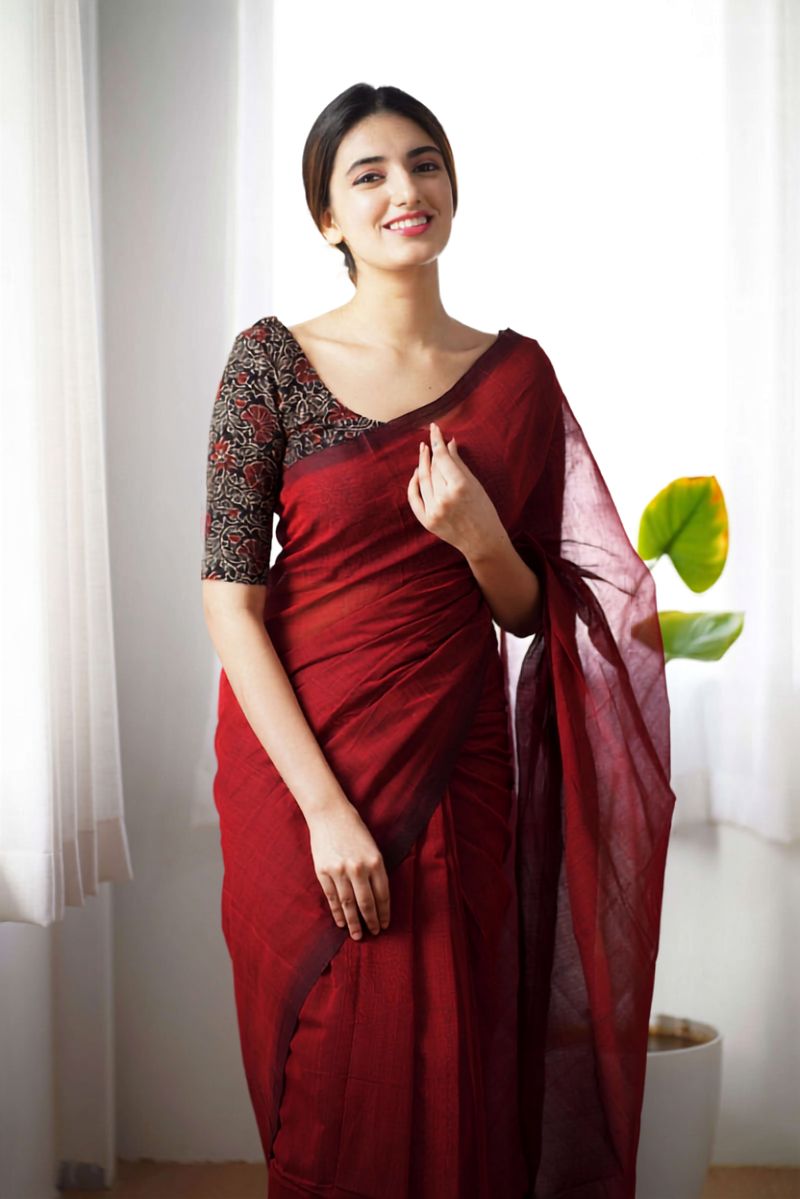 Maroon cotton saree with kalamkari blouse piece