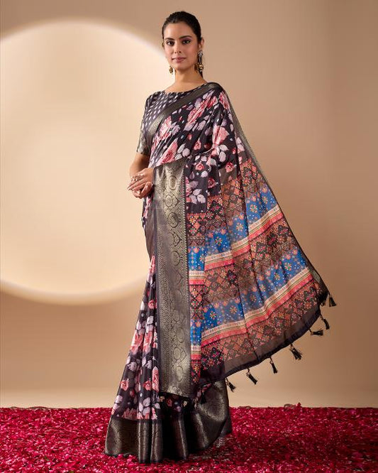 Premium Soft Silk Floral Printed Saree with Rich Black Silver Zari Woven Border