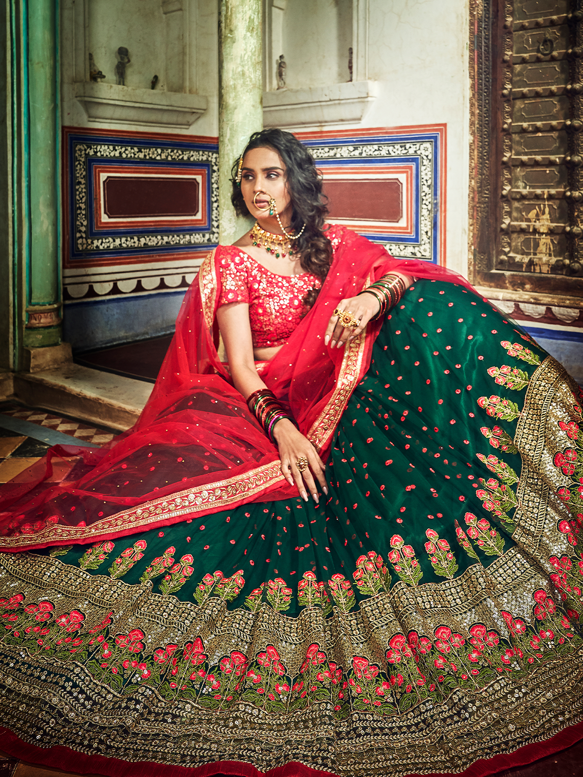 Green Sequins, Thread, Zari, Pearl Semi Stitched Lehenga With Unstitched Blouse