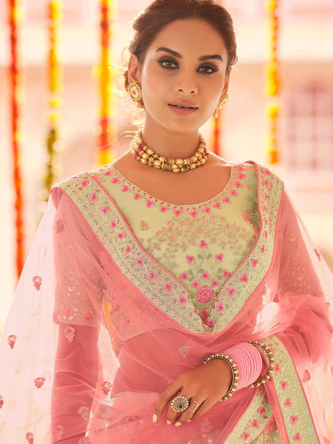 Green Embroidered Georgette Semi Stitched Lehenga With Unstitched Blouse