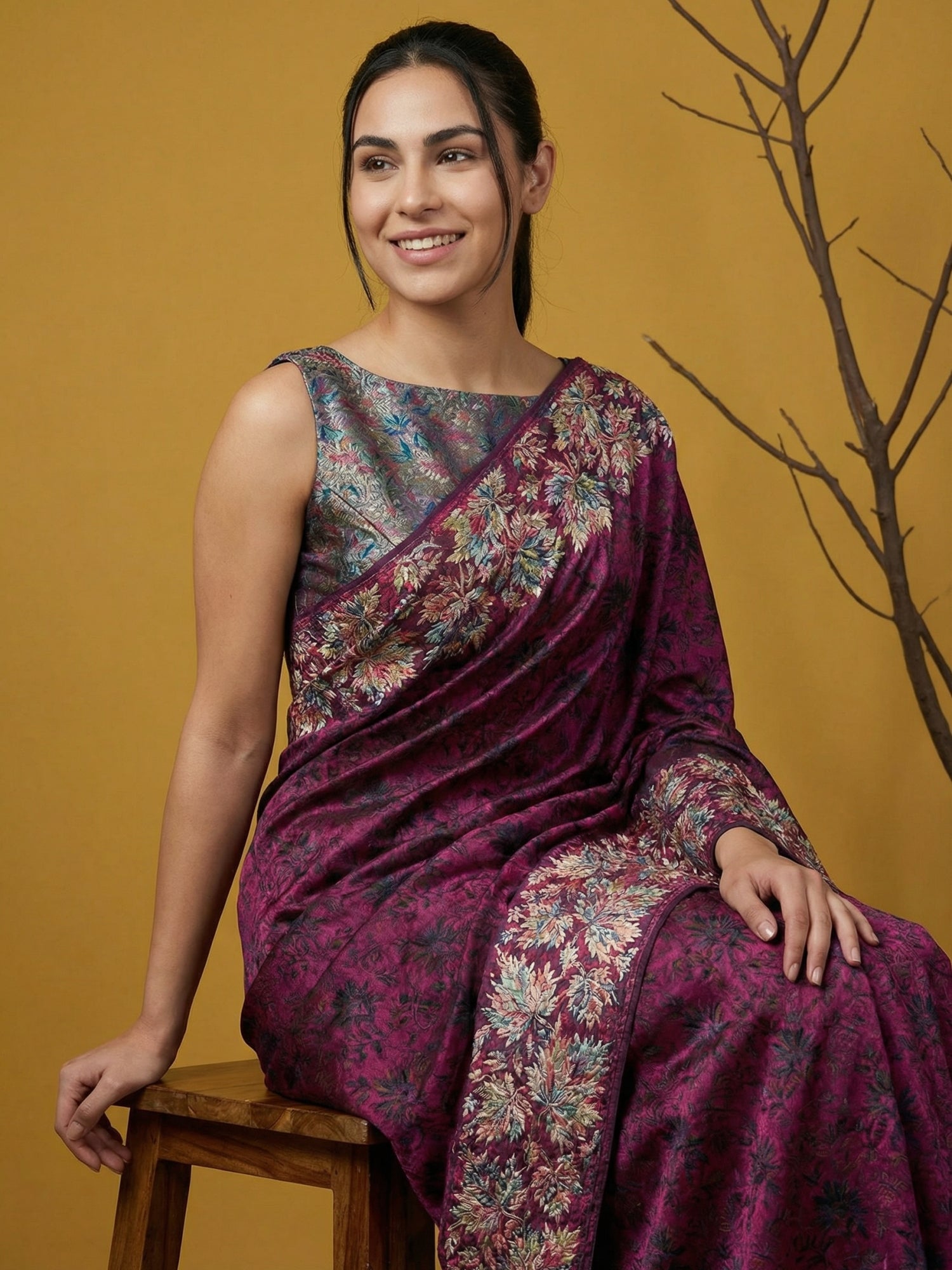 Soft Silk Printed Floral Saree with Rainbow Zari Woven Pallu and Contrast Blouse Festive Party Wear Saree