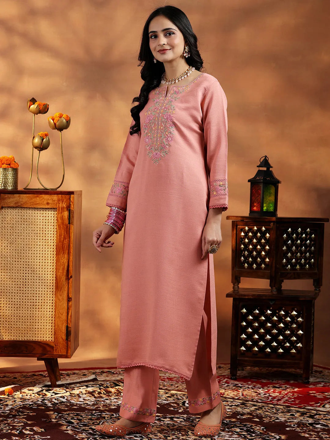 Mameraa Peach Yoke Design Silk Blend Straight Suit With Dupatta