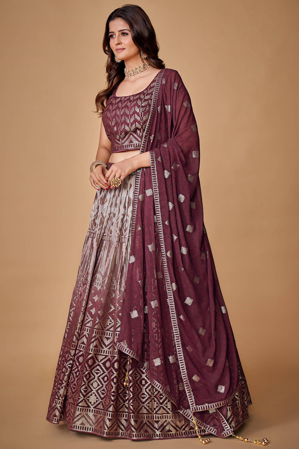 Purple Sequins Work Georgette Wedding Wear Lehenga Choli