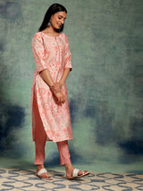 Libas Peach Printed Silk Blend Straight Suit With Dupatta