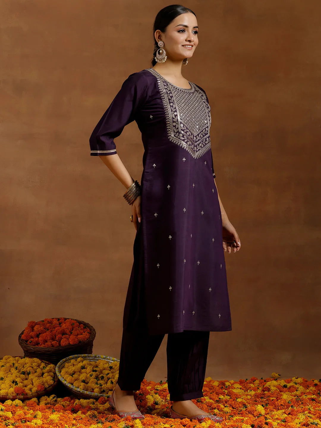 Gerua Purple Yoke Design Silk Blend Straight Suit With Dupatta