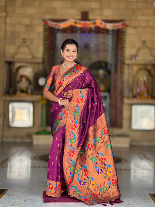 Premium Wine Purple Paithani Silk Saree for Women