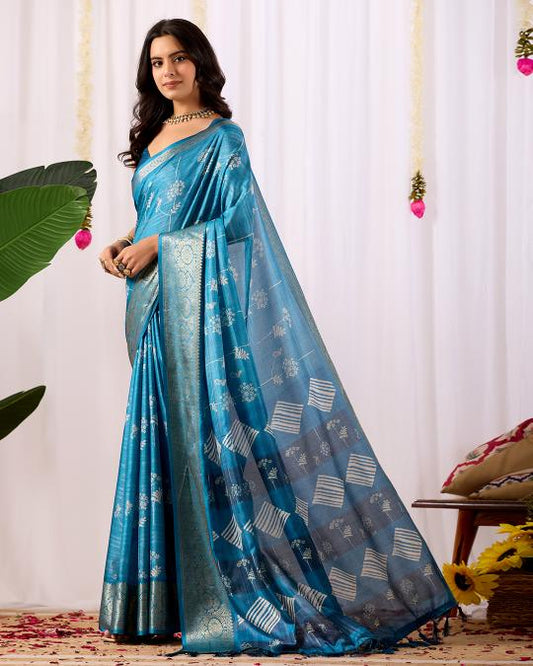 Premium Soft Silk Blue Floral Woven Saree with Rich Silver Zari Border