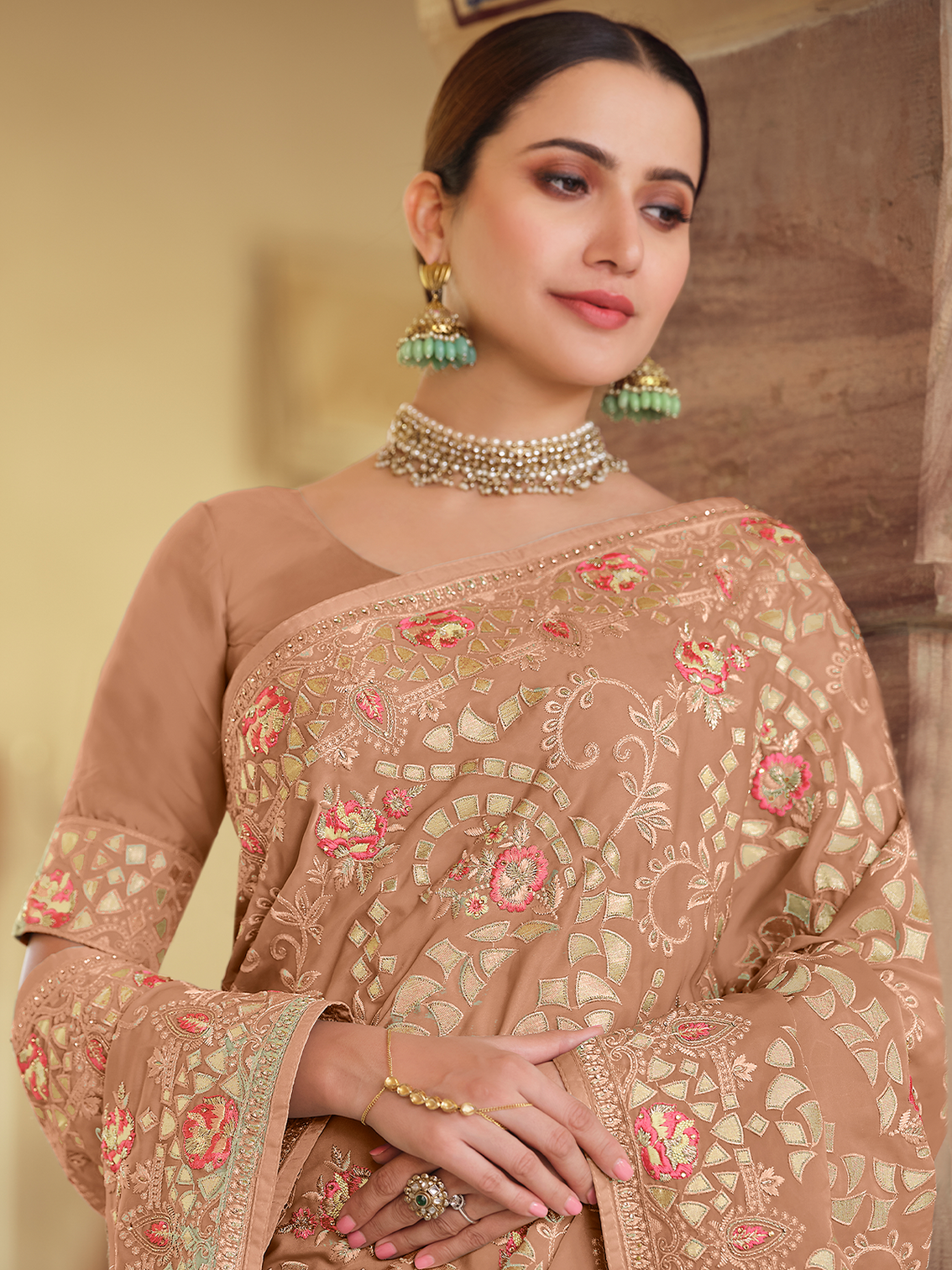 Brown Satin Georgette Saree With Unstitched Blouse