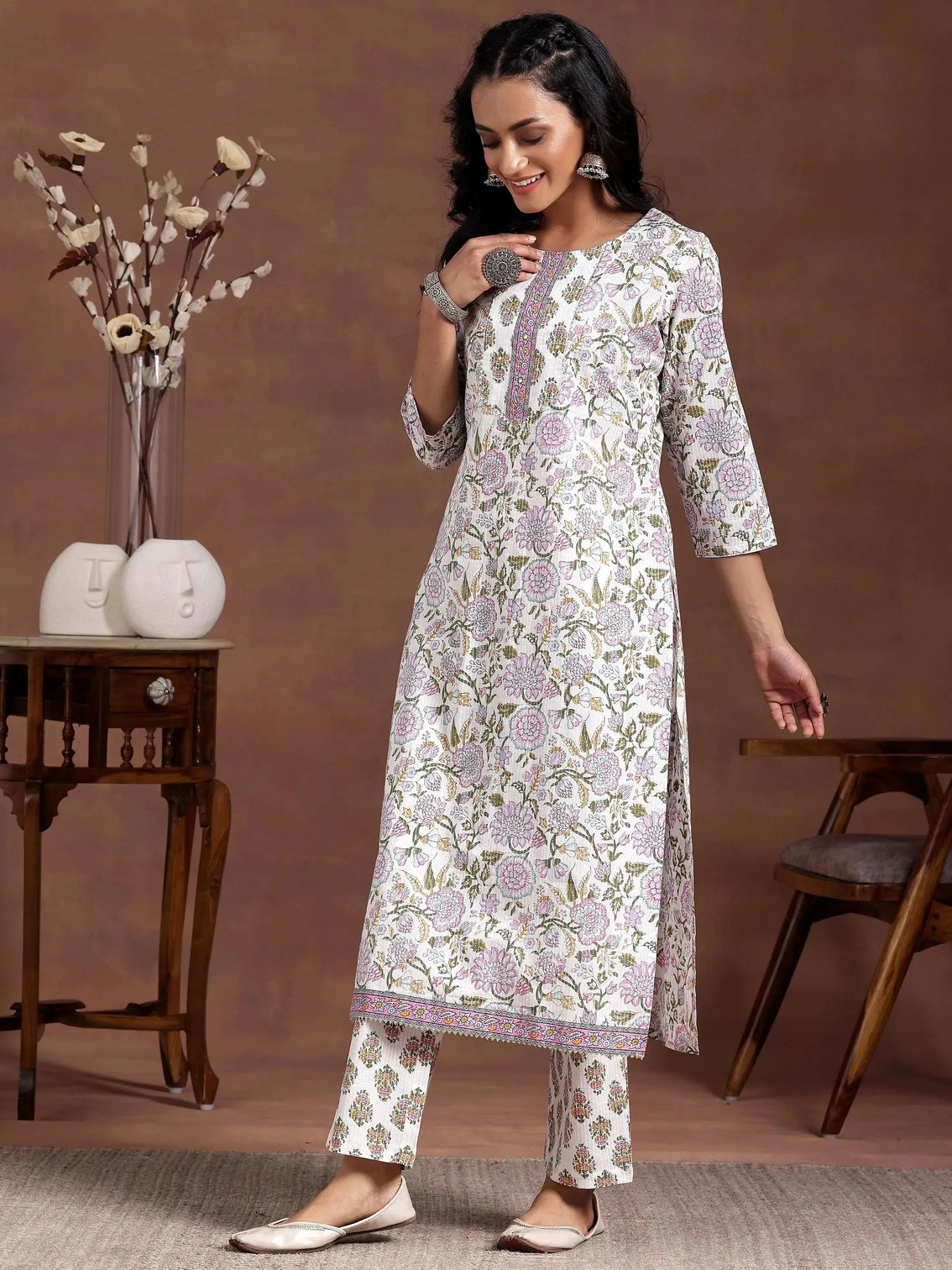 Mameraa Off White Printed Cotton Straight Kurta Set