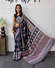 Black modal silk saree with elephant motif ajrakh print heritage designer pallu traditional festive wear saree mameraa