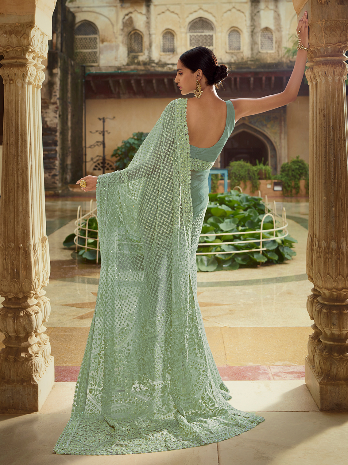 Green Soft Net Saree With Unstitched Blouse