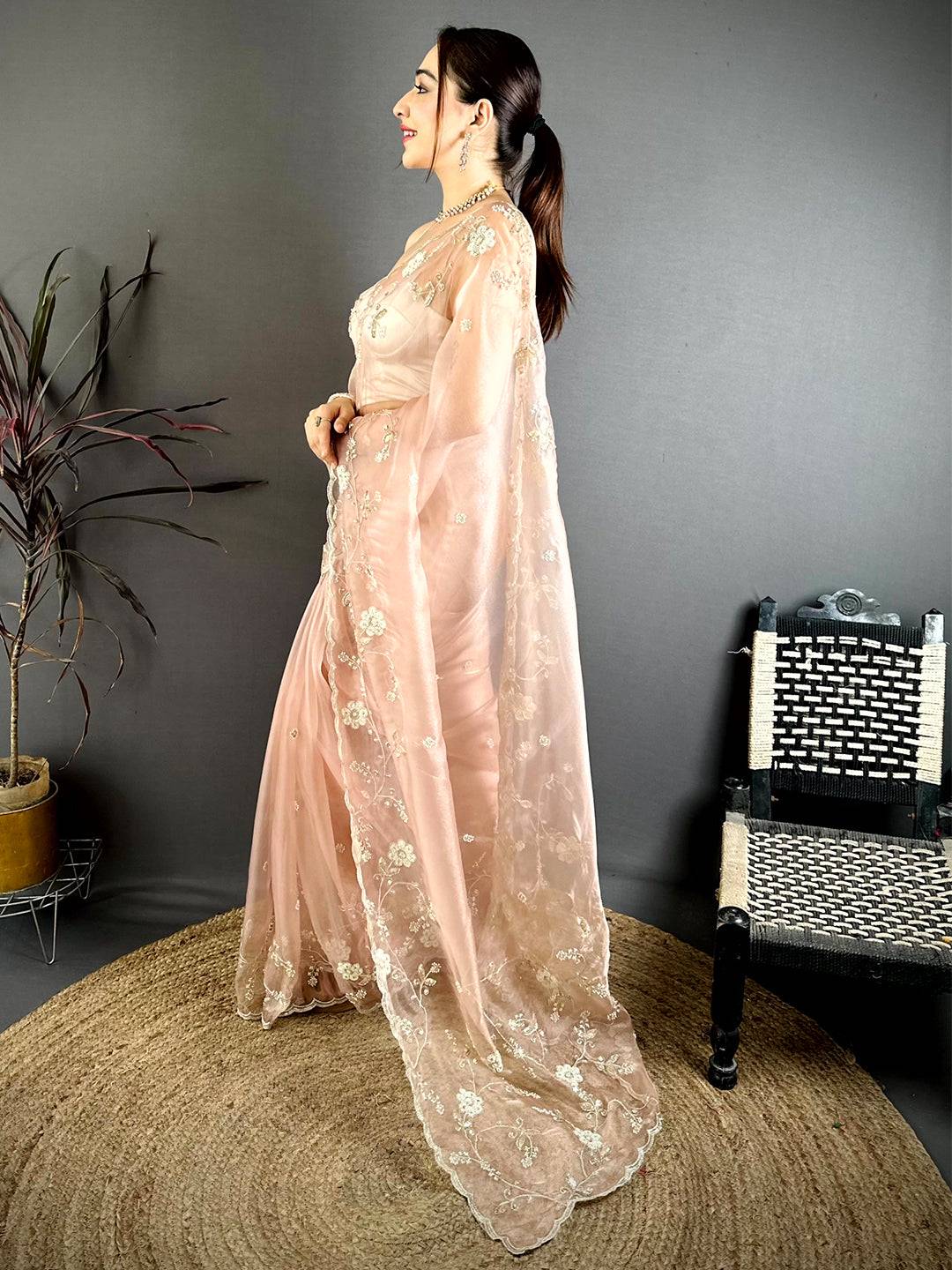 Peach Pearl Work Glass Organza Saree