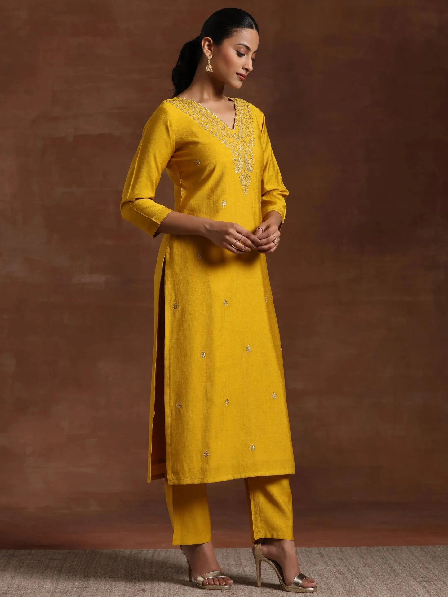 Libas Mustard Embroidered Silk Blend Straight Suit With Dupatta