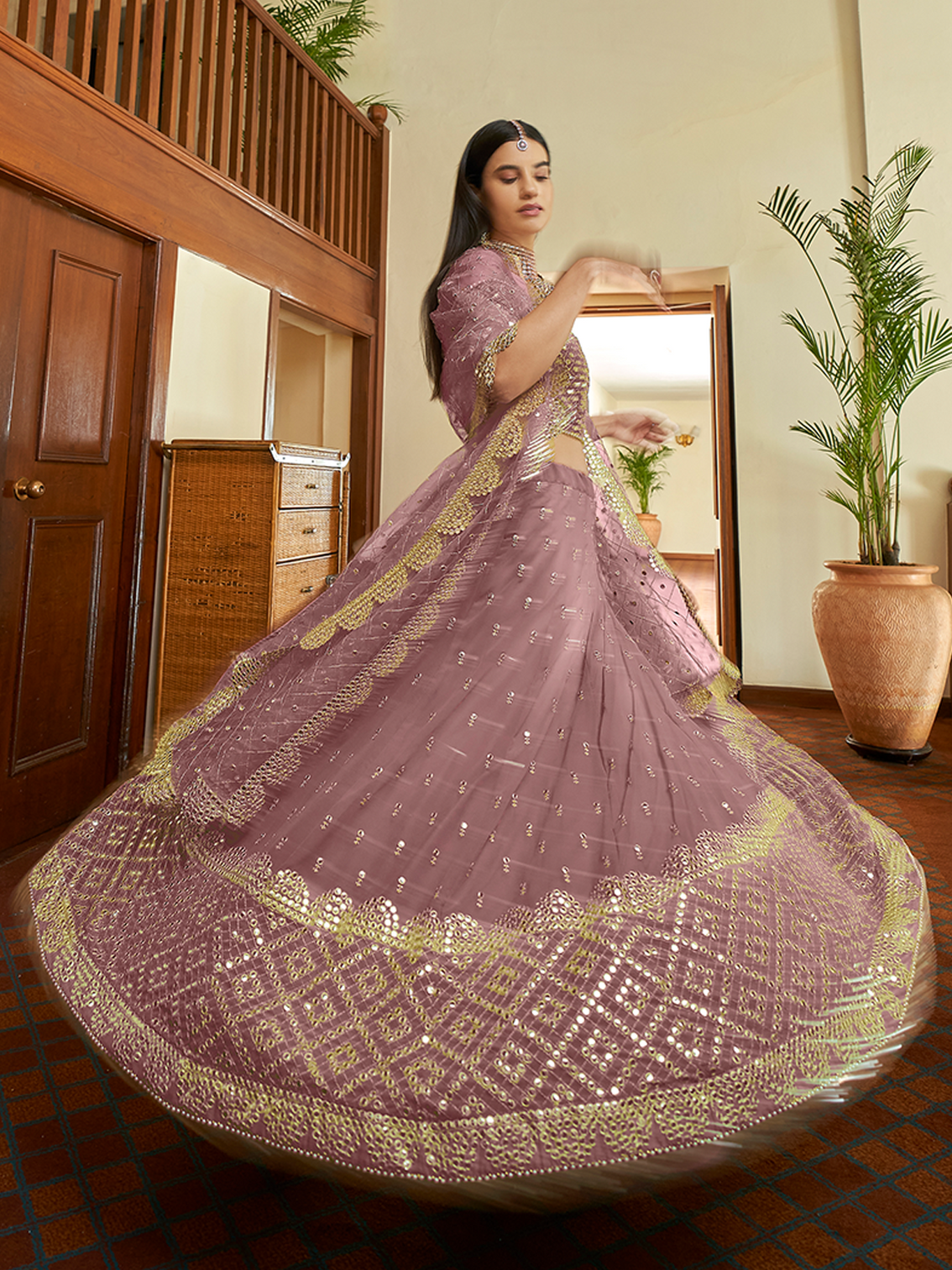 Lilac Georgette Semi Stitched Lehenga With Unstitched Blouse