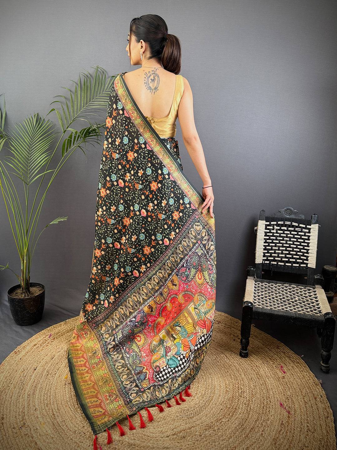 Dark Green Aari Pashmina Print Linen Saree