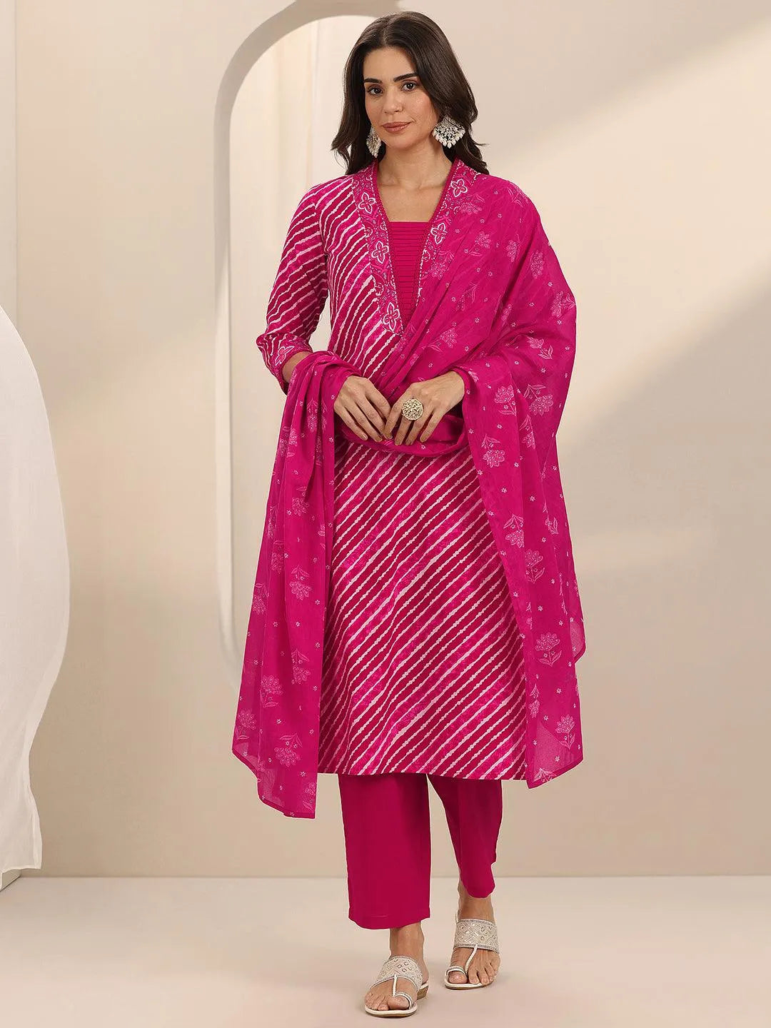 Libas Pink Printed Cotton Straight Suit Set With Dupatta