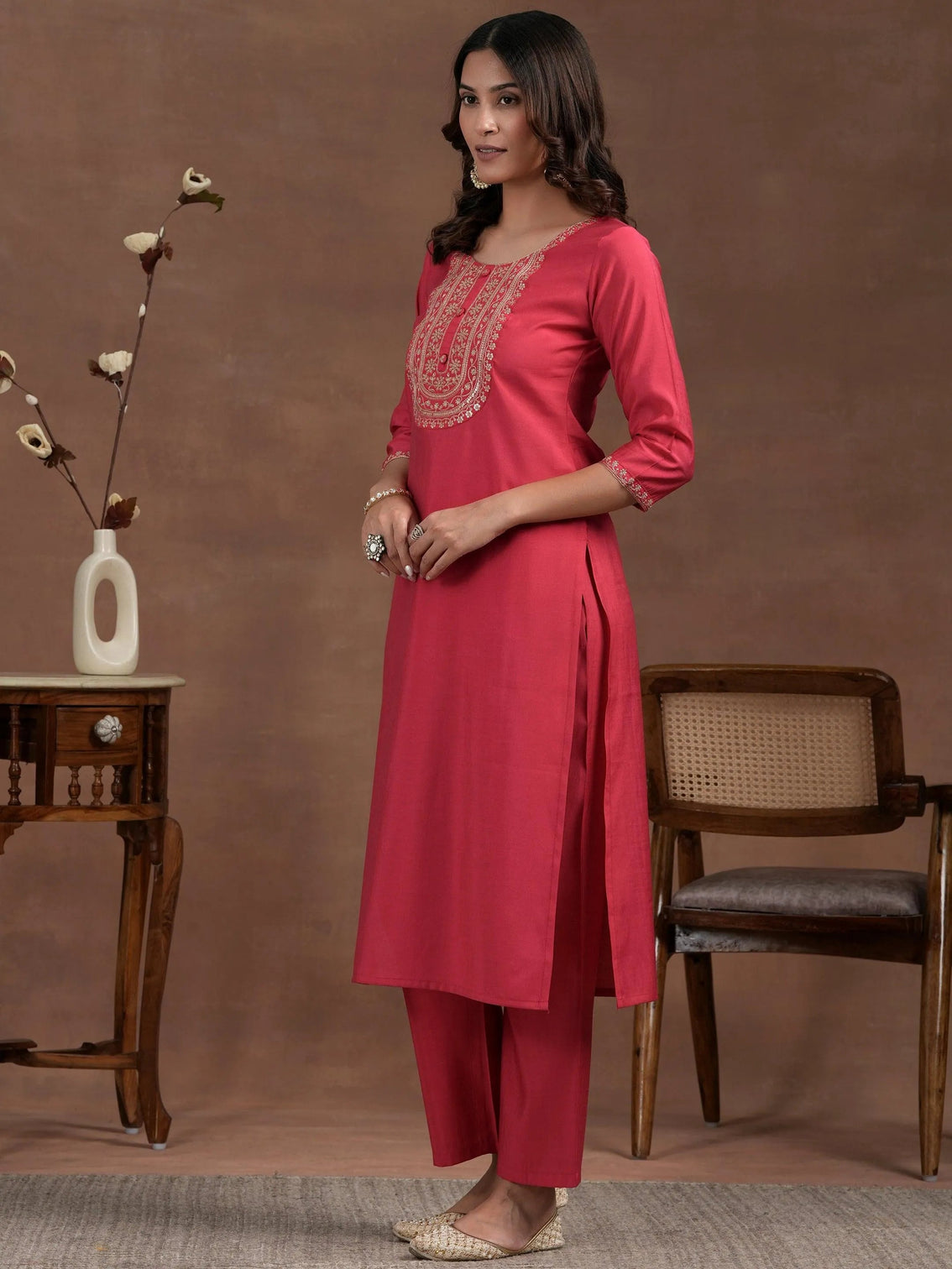 Mameraa Pink Yoke Design Silk Blend Straight Suit With Dupatta