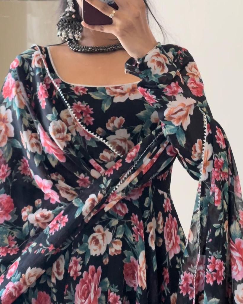 Floral Printed Black Color Designer Gown