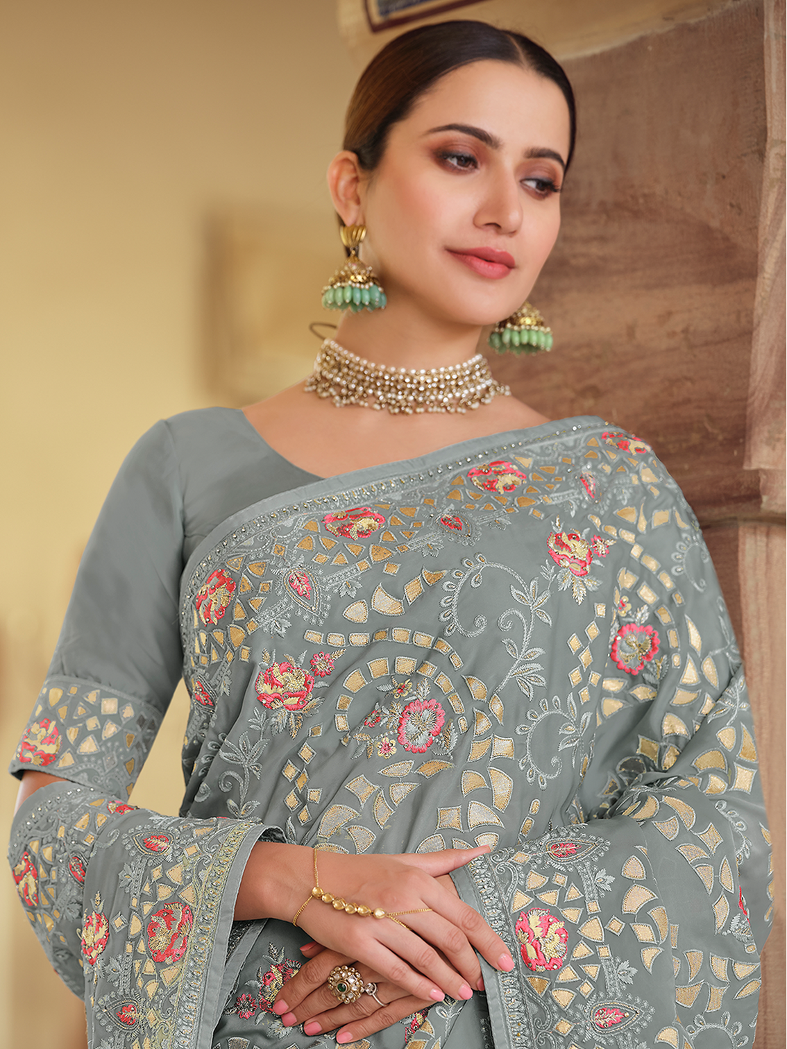 Grey Satin Georgette Saree With Unstitched Blouse