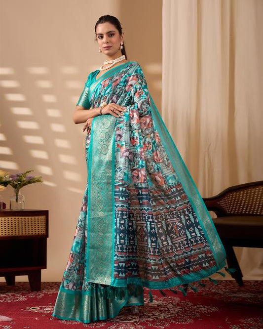Premium Soft Silk Floral Printed Saree with Rich Teal Zari Woven Border