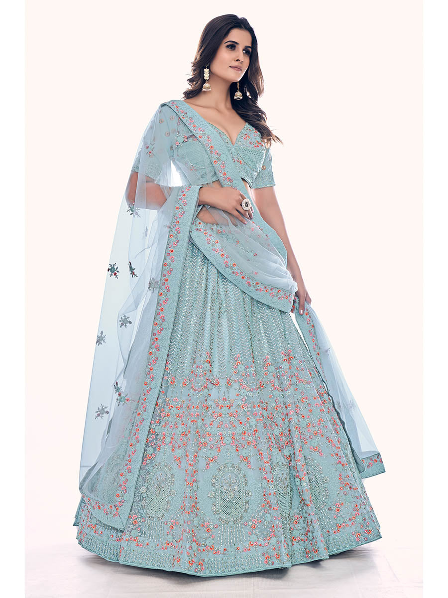 Firozi Soft Net Embroidered Designer Lehenga Choli