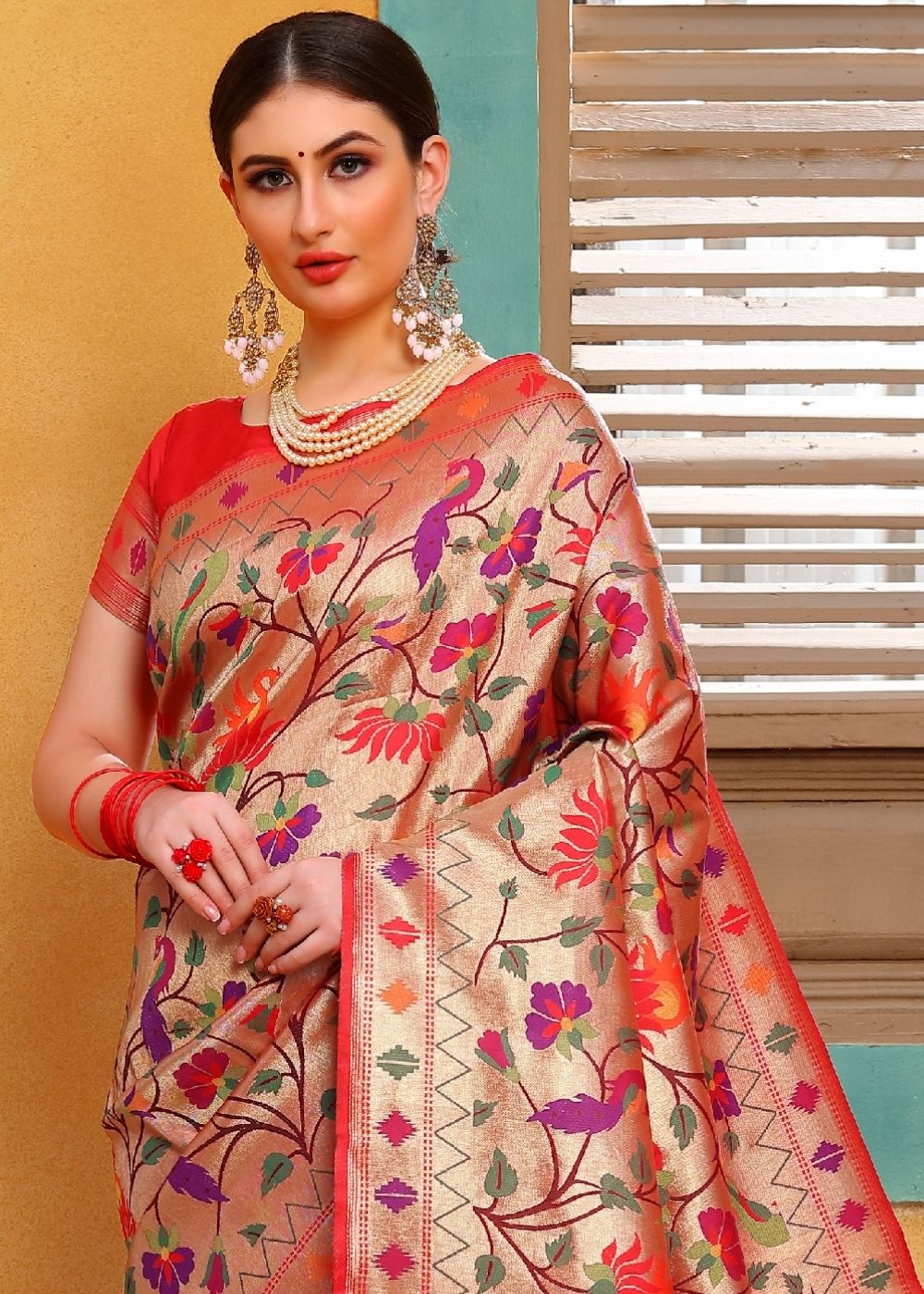 Cherry Red and Golden Blend  Paithani Silk Saree