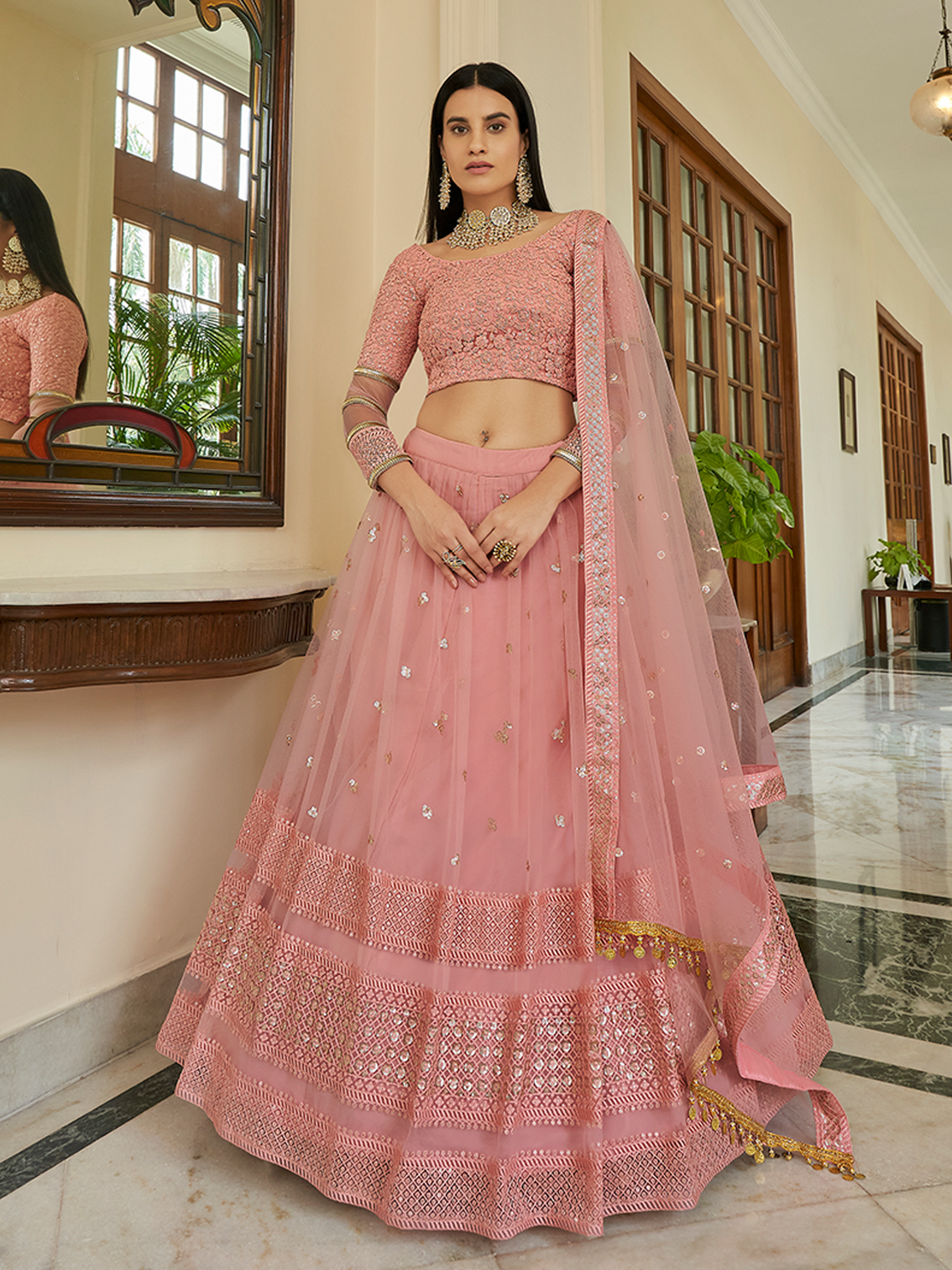 Pink Embroidered Soft Net Semi Stitched Lehenga With Unstitched Blouse